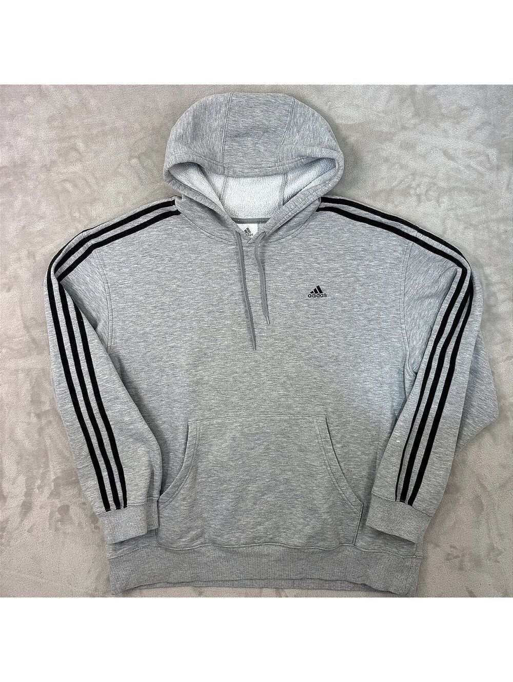 Y2K Adidas 3 Stripe Hoodie Large Gray Heather Embroidered Logo Oversized 2000s